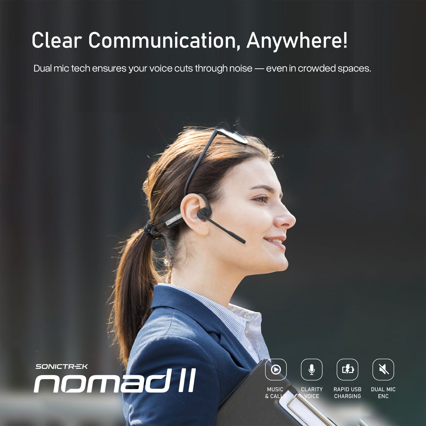 Sonictrek Nomad 2 Wireless Open Ear Headset With Boom Mic For More Productive Work
