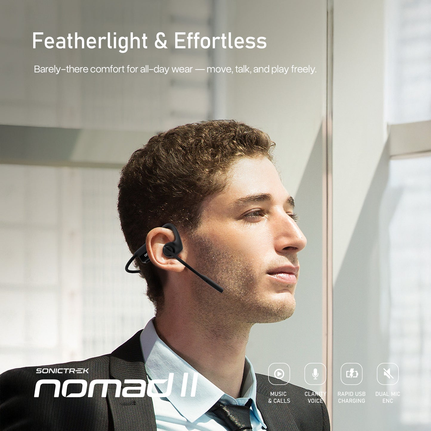 Sonictrek Nomad 2 Wireless Open Ear Headset With Boom Mic For More Productive Work