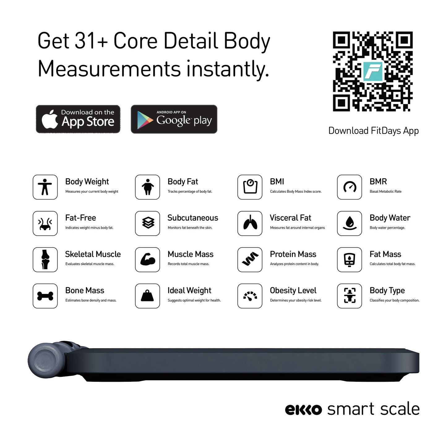 Ekko Smart Body Fat Scale with 18 Health Parameter Fitness Tracking App