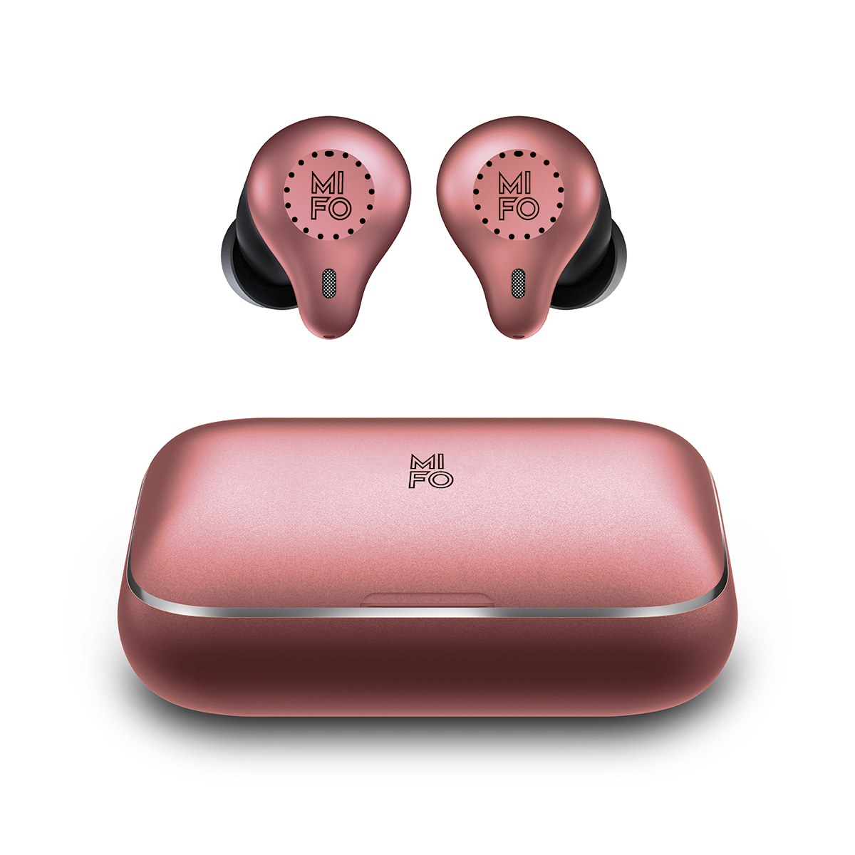 Mifo O5 Plus Gen 3 Rose Gold earbuds and charging case