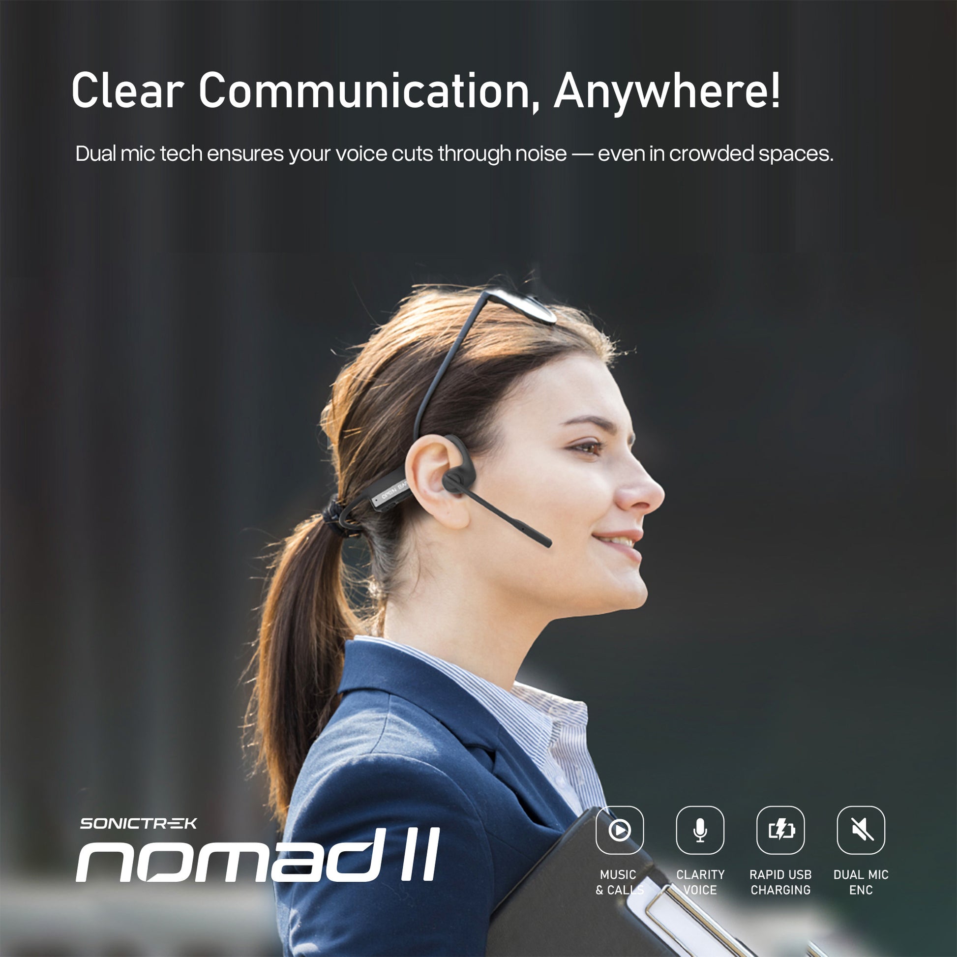 Sonictrek Nomad Wireless Open Ear Headset With Boom Mic For More