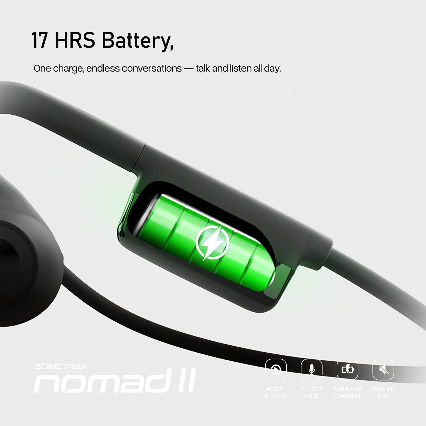 Sonictrek Nomad 2 Wireless Open Ear Headset With Boom Mic battery and charging features