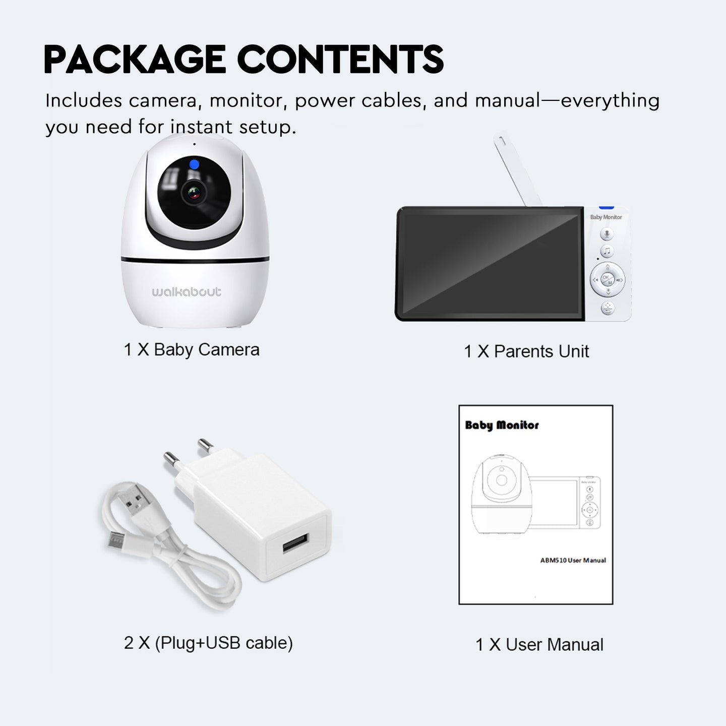 Walkabout 360 View HD Wireless Full HD Resolution Video Baby Monitor package contents