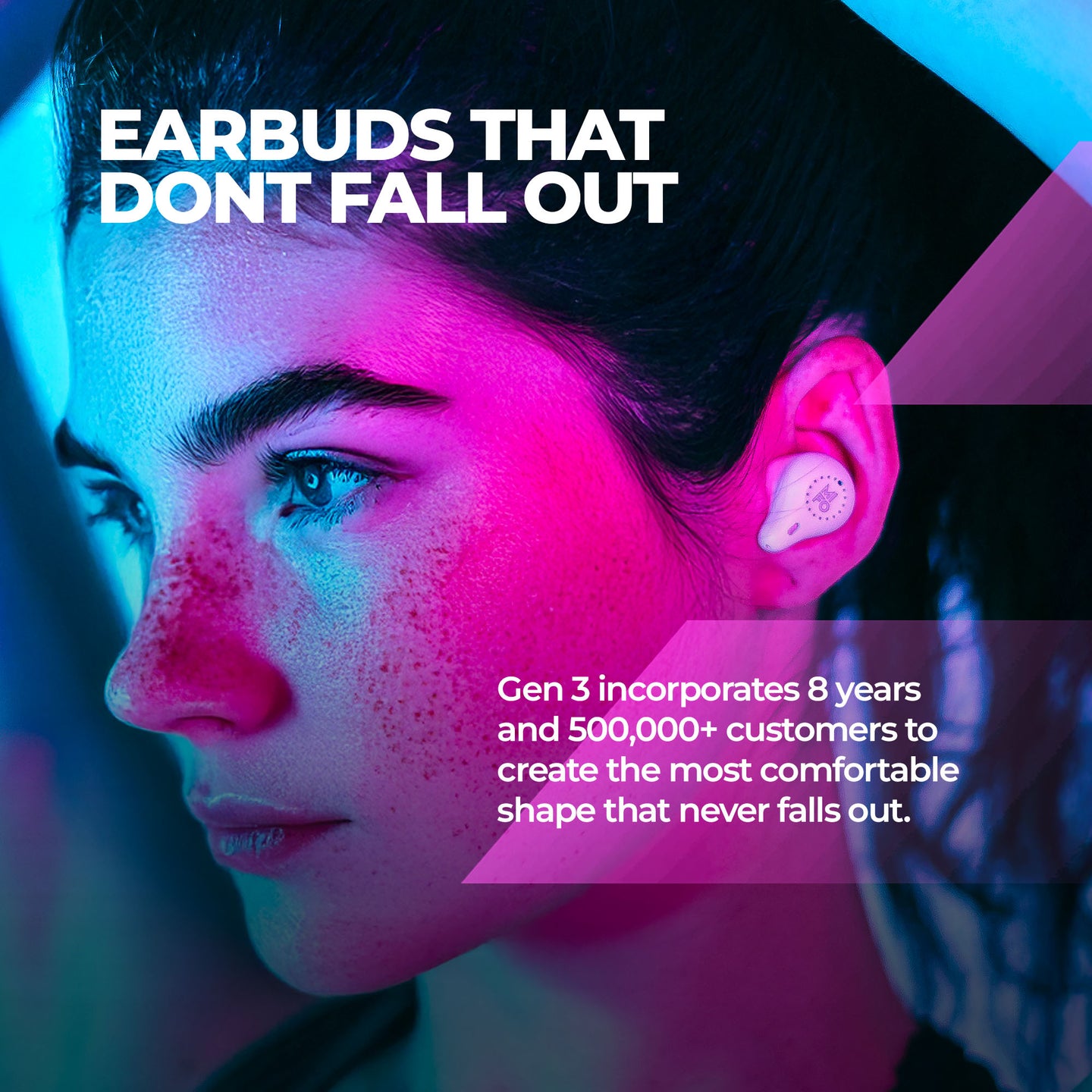 Woman wearing a Mifo O5 Plus Gen 3 earbud with text about its secure fit