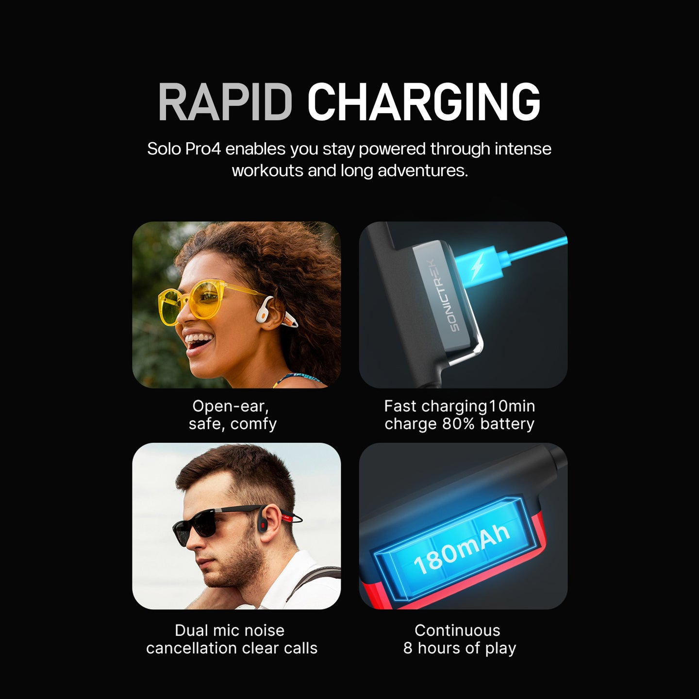 Sonictrek Solo Pro 4 Bone Conduction Headphones battery and charging features