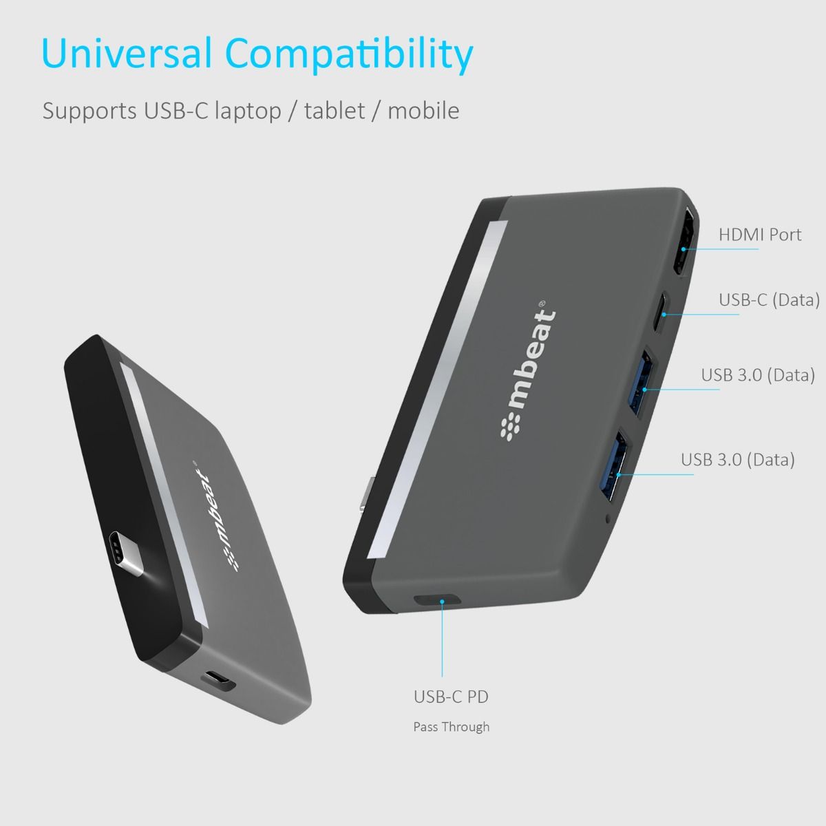 mbeat Essential Pro 5-in-1 USB- C Hub With 4K HDMI, USB-C PD Pass Through detail view 2