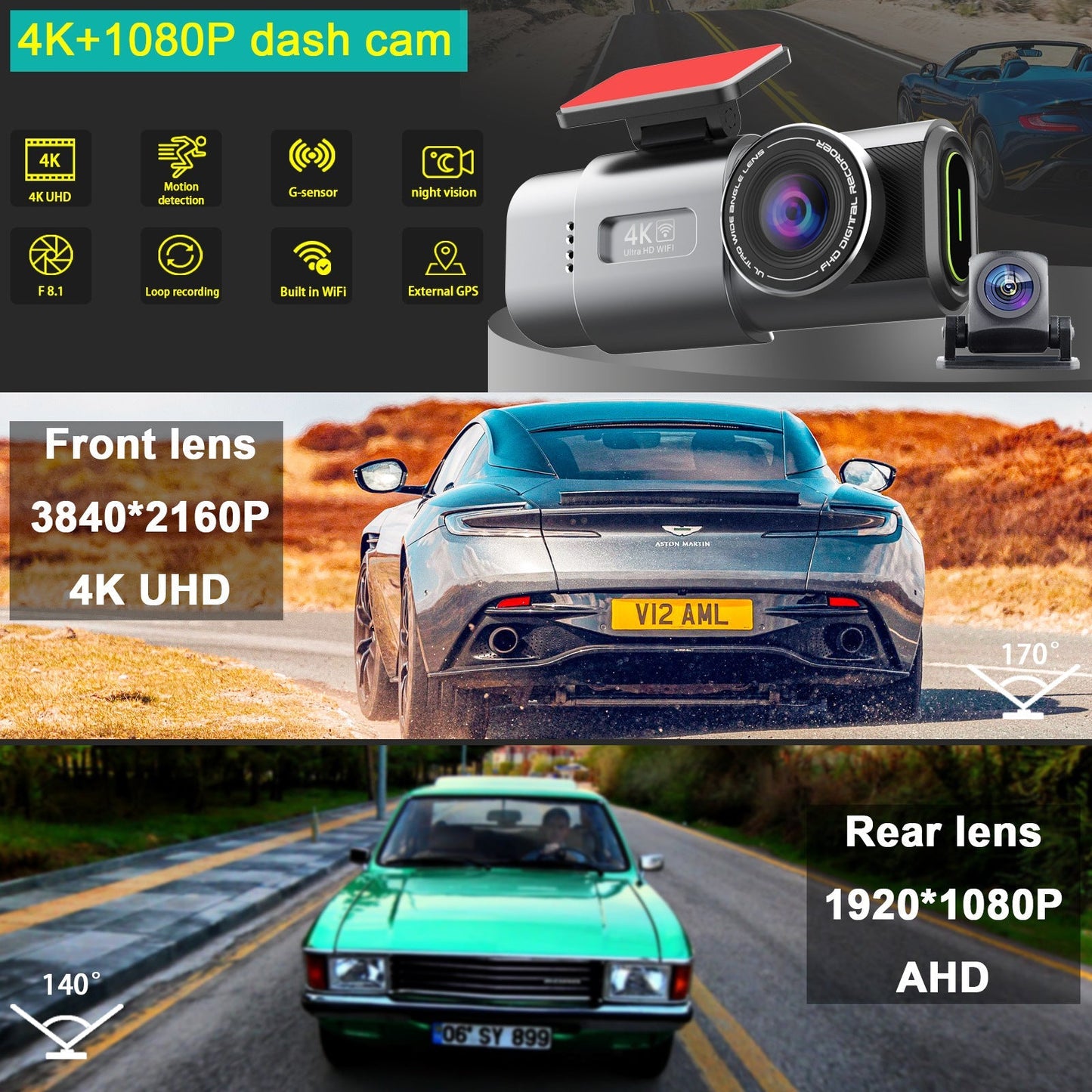 Dashtek Argus II 4K Wifi Dual Front And Rear Dash Cam With 64GB Memory Card