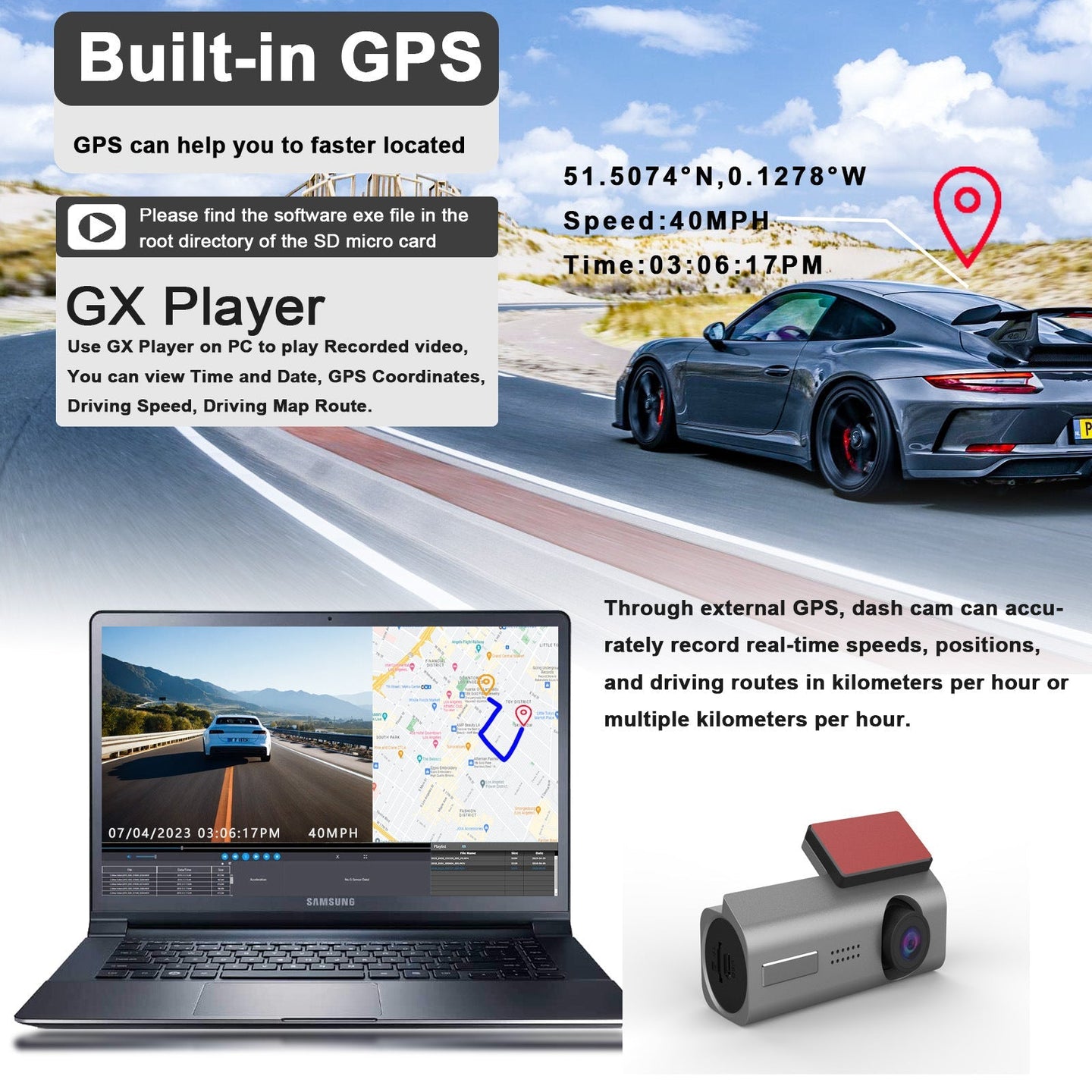 Dashtek Argus II 4K Wifi Dual Front And Rear Dash Cam With 64GB Memory Card detail view 4
