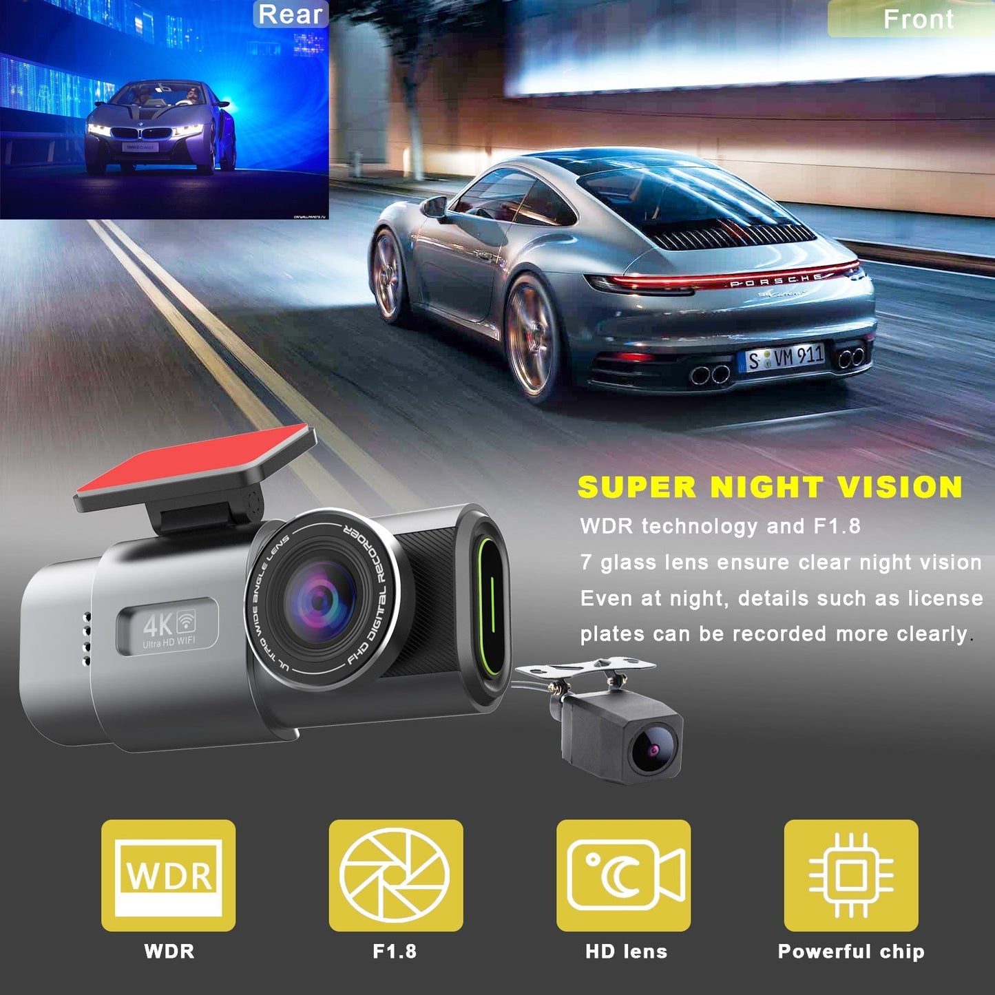 Dashtek Argus II 4K Wifi Dual Front And Rear Dash Cam With 64GB Memory Card