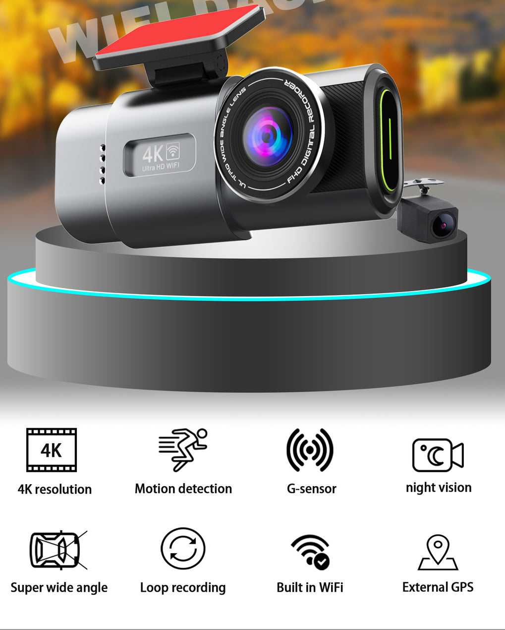 Dashtek Argus II 4K Wifi Dual Front And Rear Dash Cam With 64GB Memory Card