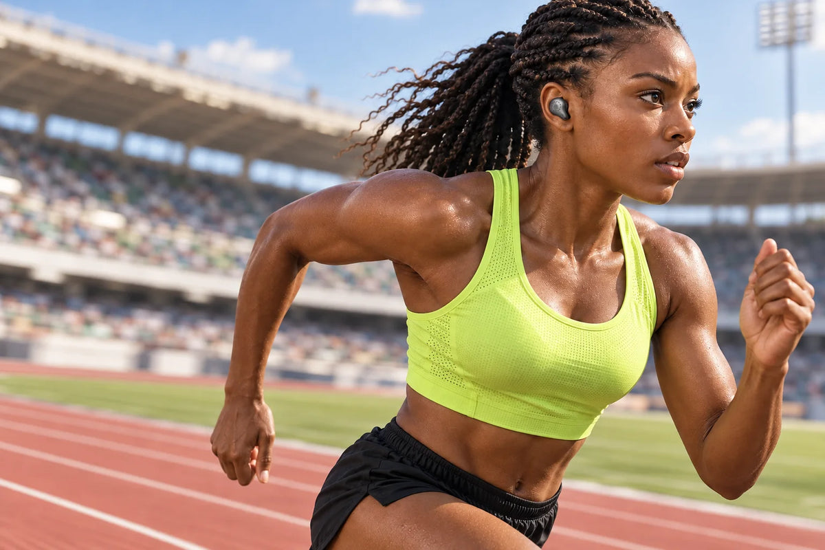 Athlete running on a track wearing a graphite Mifo O5 Gen 4 earbud
