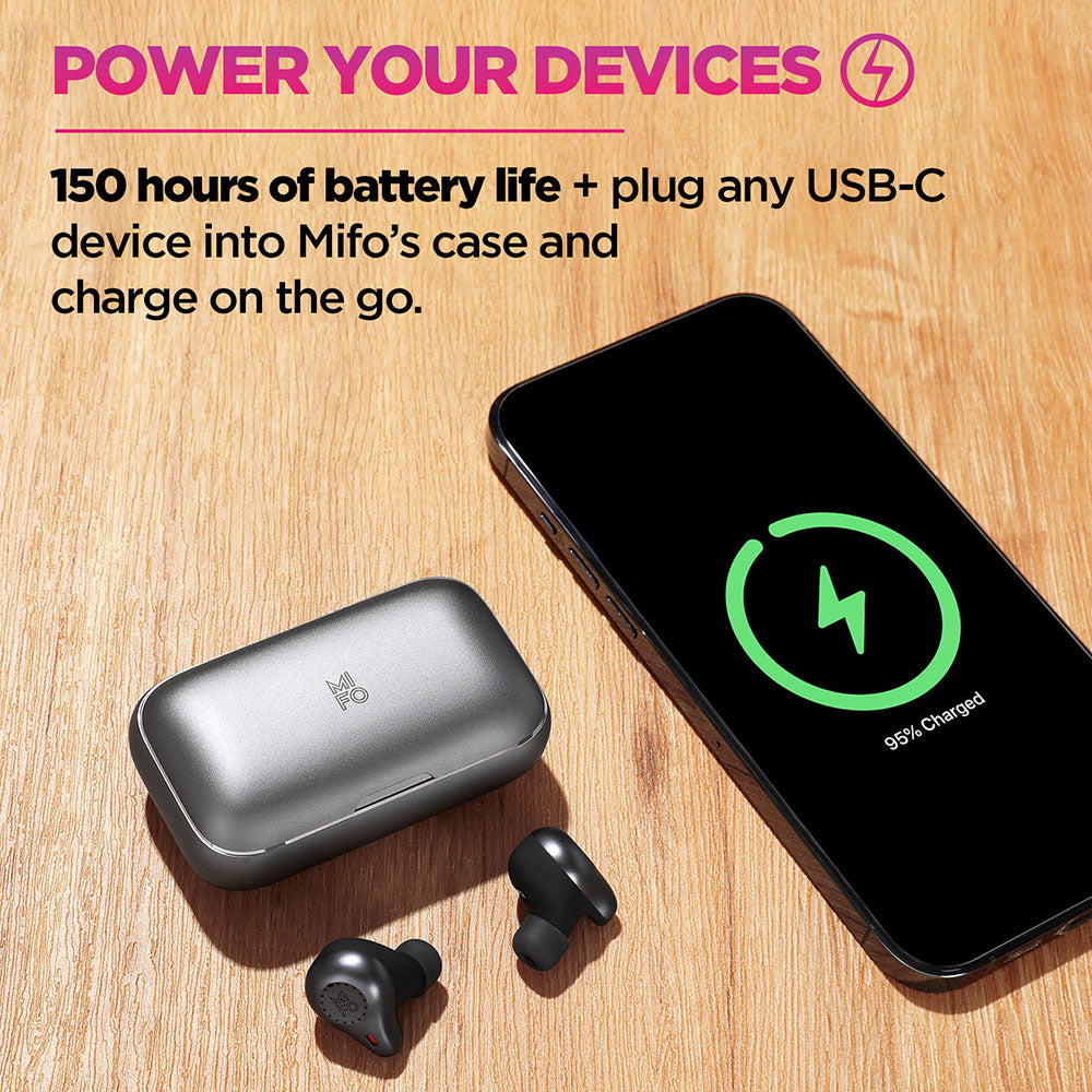 Mifo O5 Plus Gen 3 earbuds and charging case powering a USB-C phone