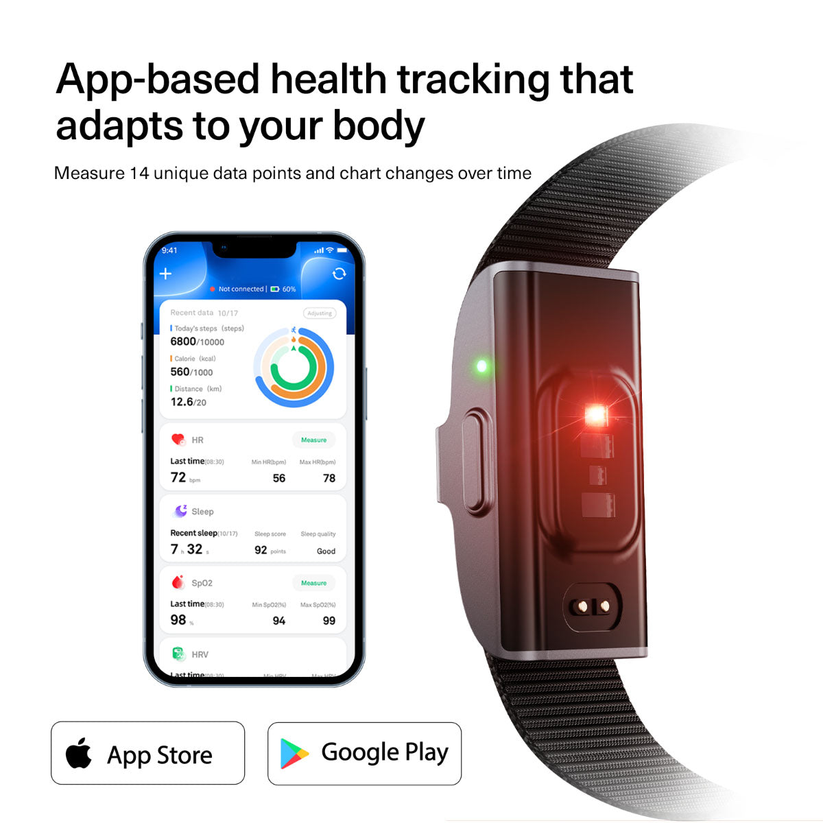 Walkabout FitBand XP 24-Hour Health Monitoring Wristband And AI Tracking App companion app interface