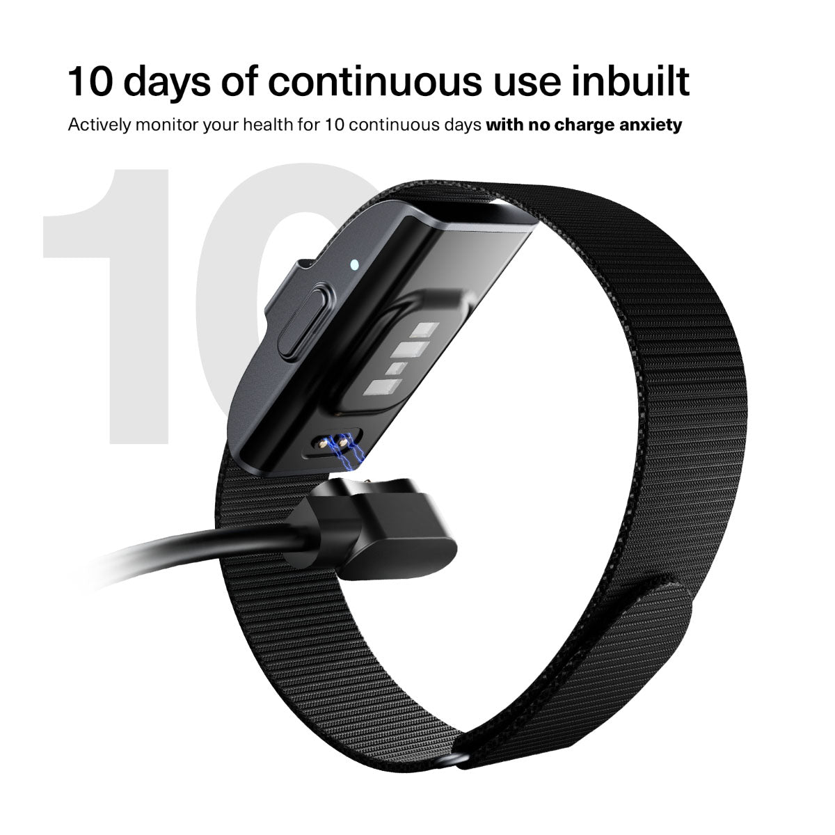 Walkabout FitBand XP 24-Hour Health Monitoring Wristband And AI Tracking App battery and charging features