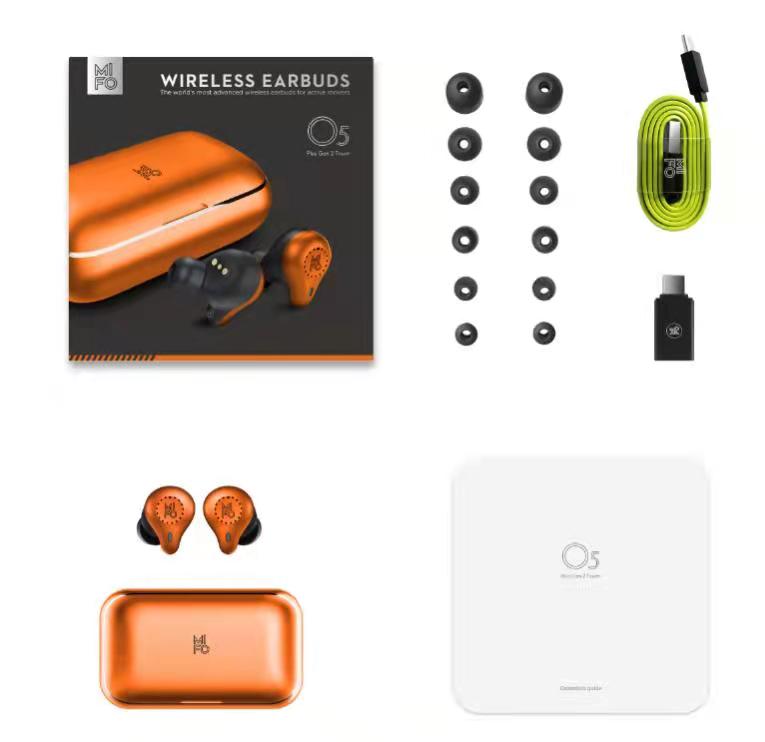 Mifo O5 earbuds package contents with ear tips, charging cable and manual